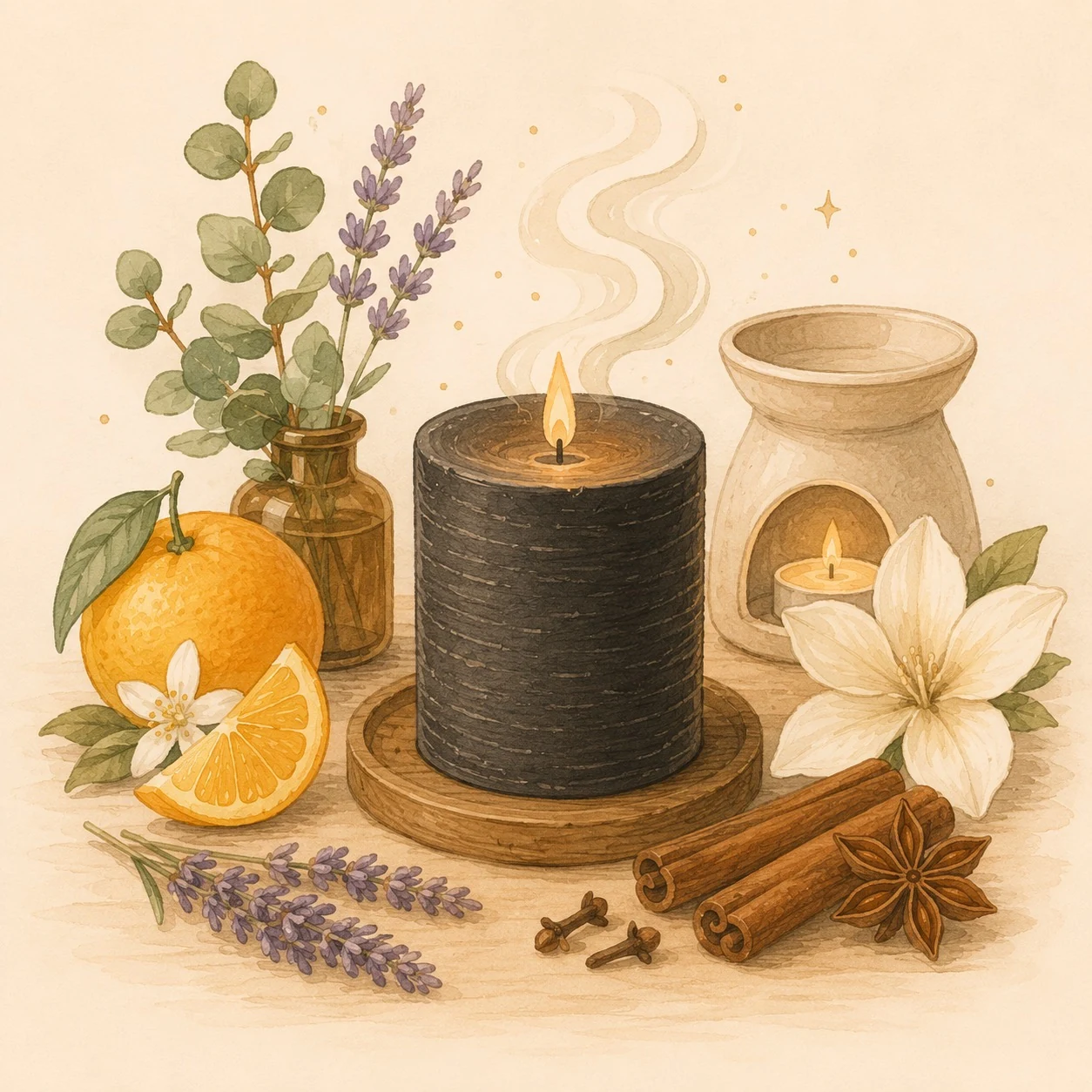 Velas aromáticas de distintos tonos sobre una mesa de madera