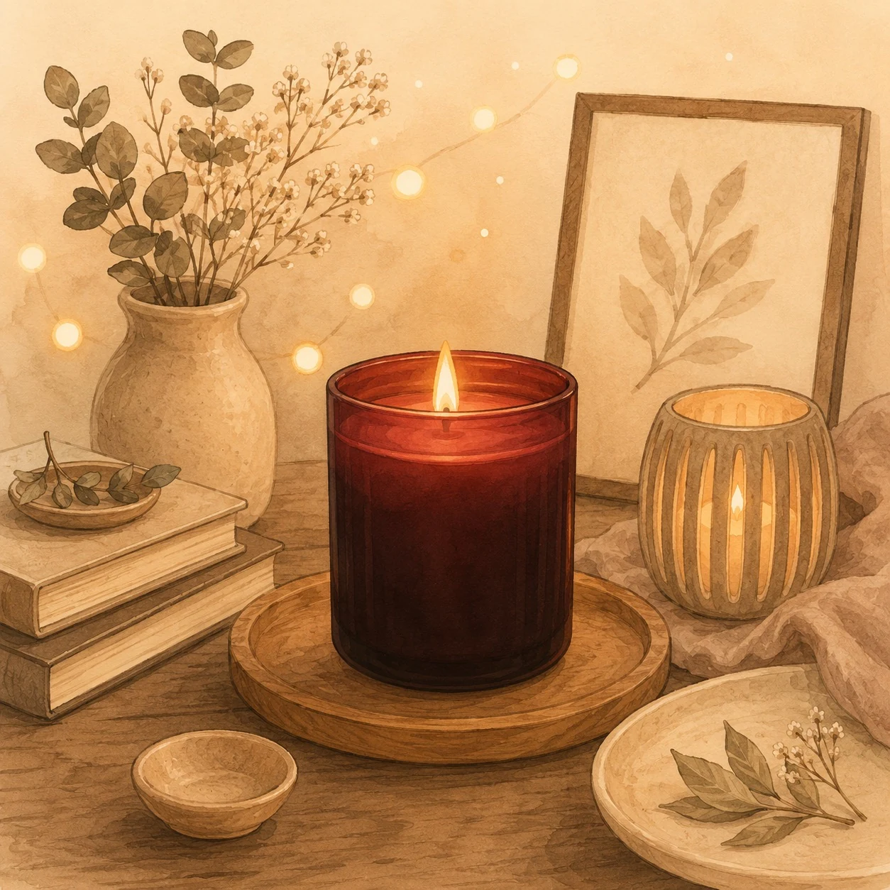 Velas decorativas agrupadas sobre una repisa en un salón